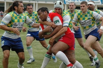 The RCCM (blue shorts) blocked Voiron's path in the semi-final