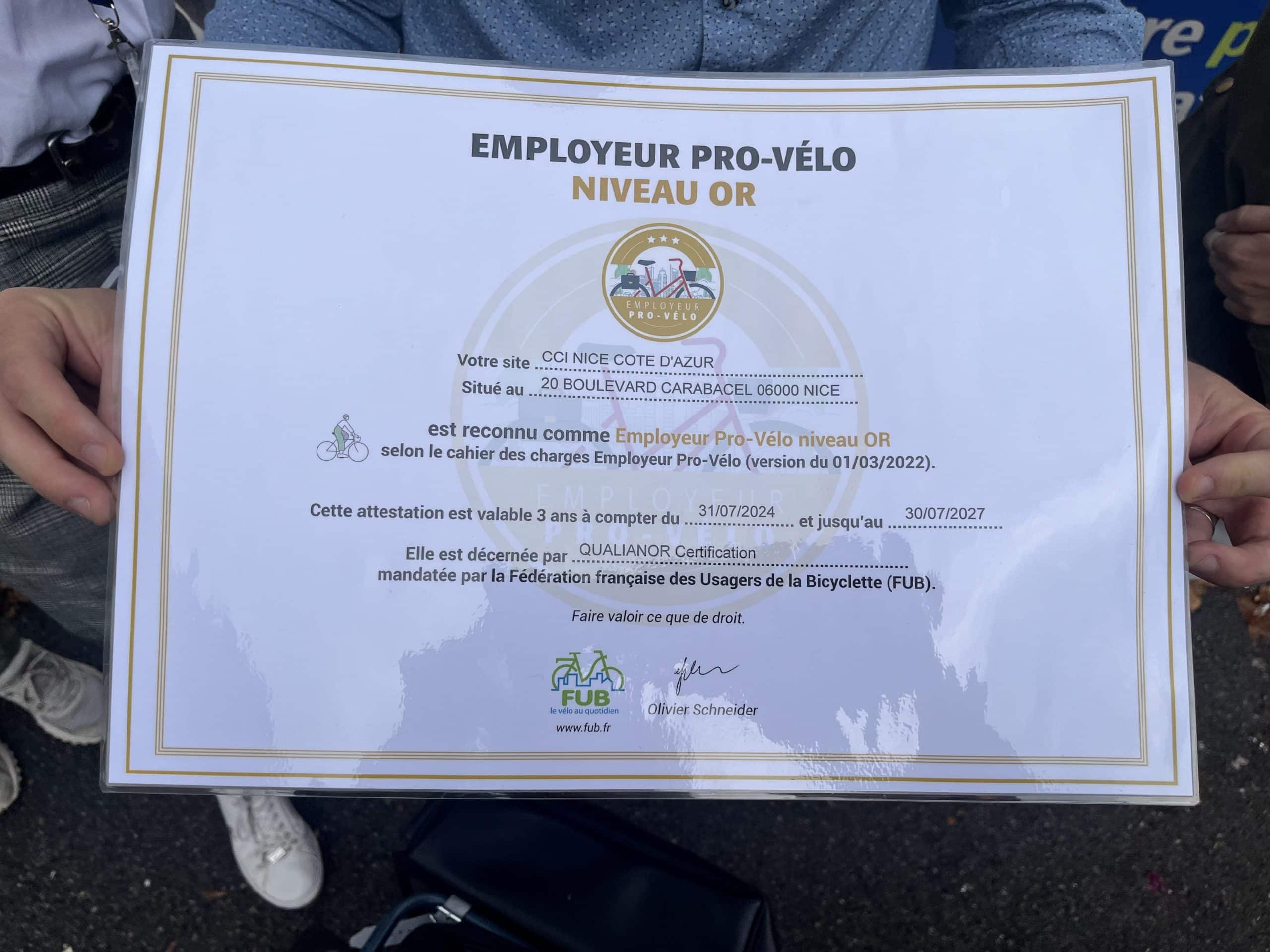 La CCI Nice Côte d'Azur est labellisée Employeur Pro-Vélo niveau Or