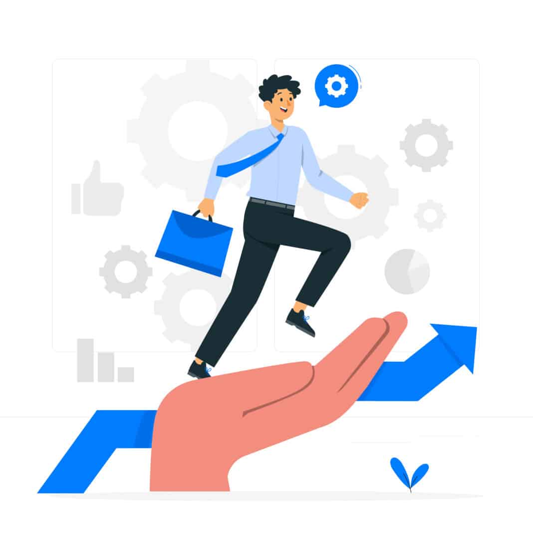 Un dessin représentant une main avec un omme au travail et la croissance d'une entreprise.