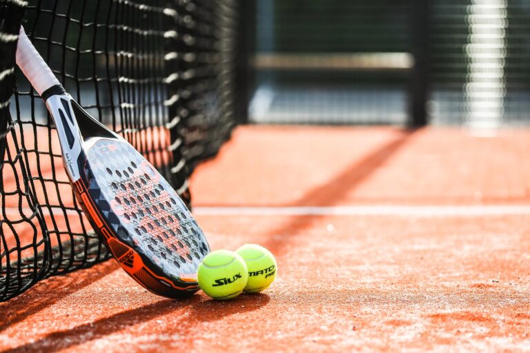 une raquette de padel avec deux balles sur un court