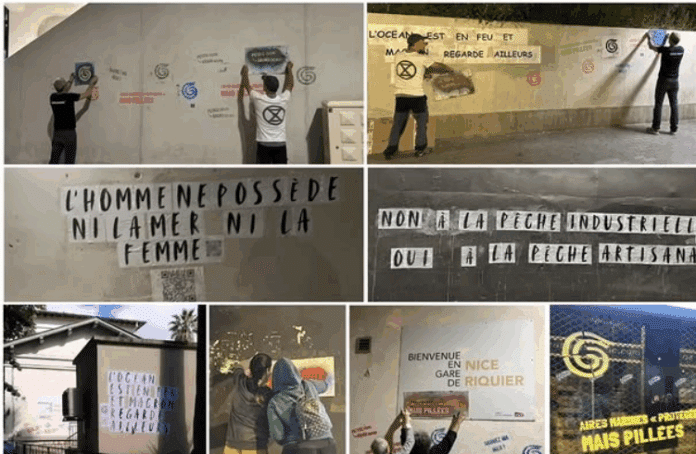 Les militants de Greenpeace à Nice collent des messages sur les murs pour la protection des océans
