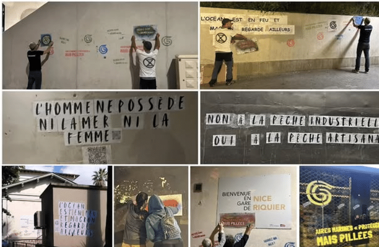 Les militants de Greenpeace à Nice collent des messages sur les murs pour la protection des océans