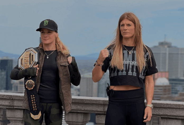 La Niçoise Manon Fiorot à droite avant son combat face à Valentina Shevchenko, la championne en titre.