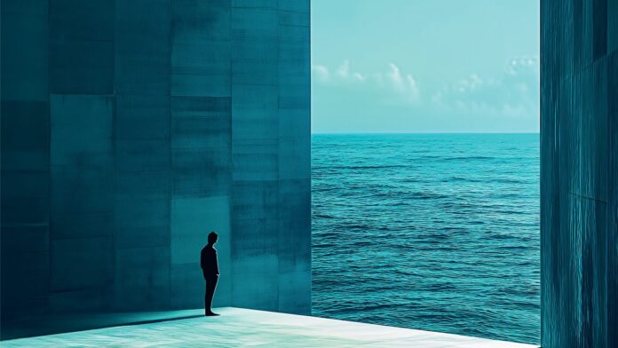 Un personnage regarde la mer en tableau.