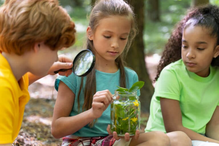 Des enfants autour d'une plante réfléchissent sur l'écologie.