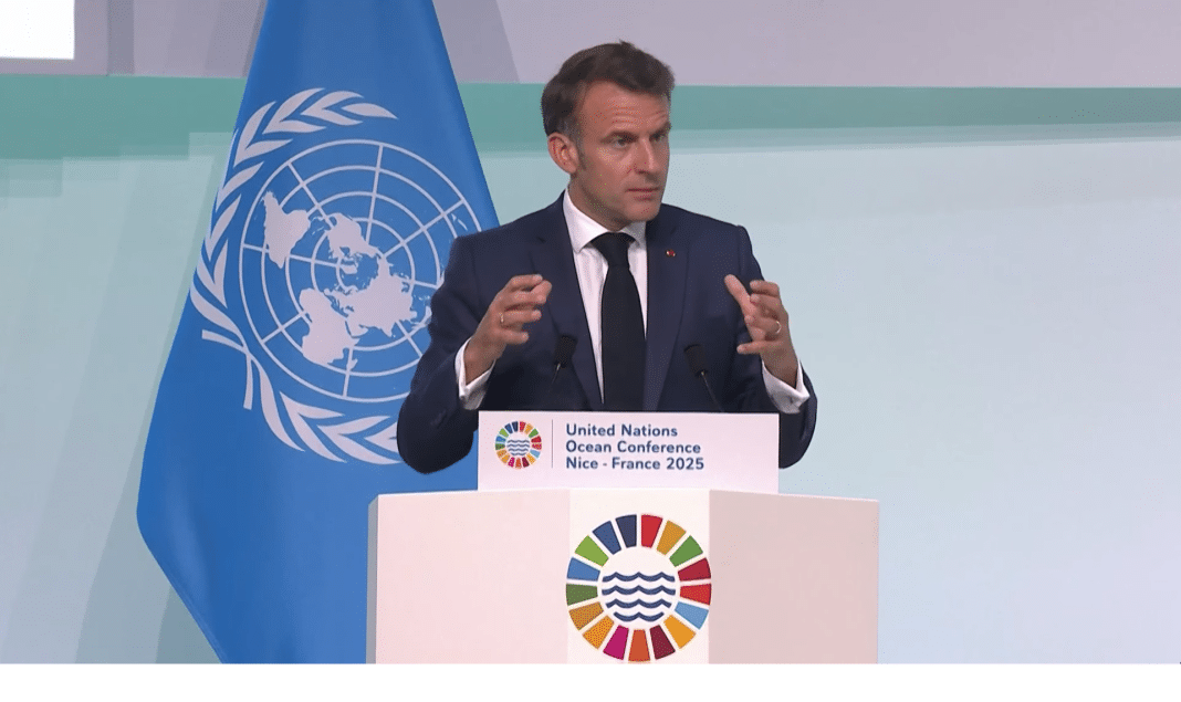 Le président de la République Emmanuel Macron lors d'une allocution à l'UNOC de Nice.