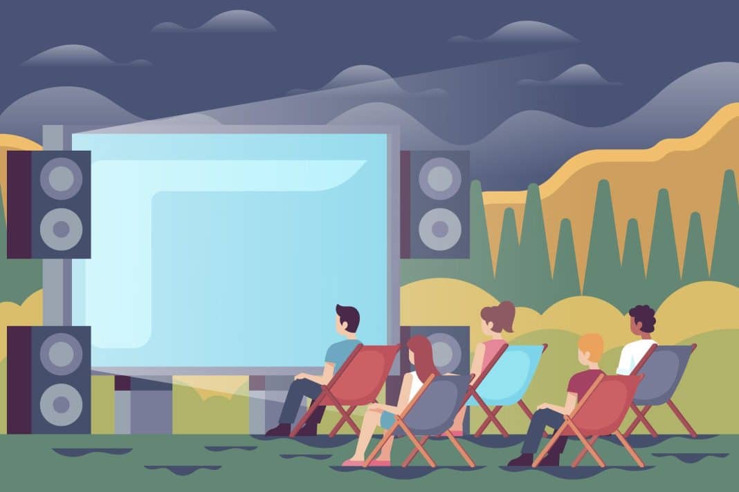 Un dessin illustrant un écran géant et des personnes en extérieur.