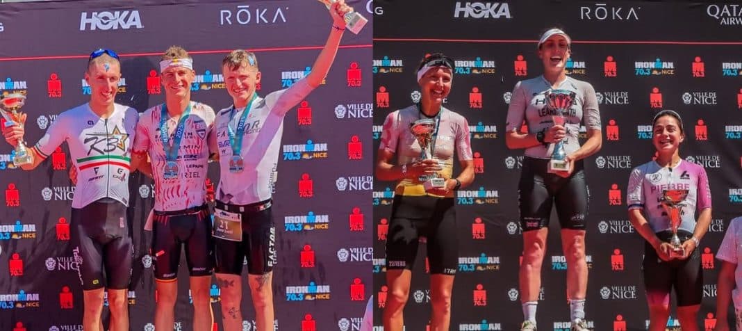 Les podiums de l'Irnoman 70.3 de Nice édition 2025 avec les six athlètes heureux après la course.
