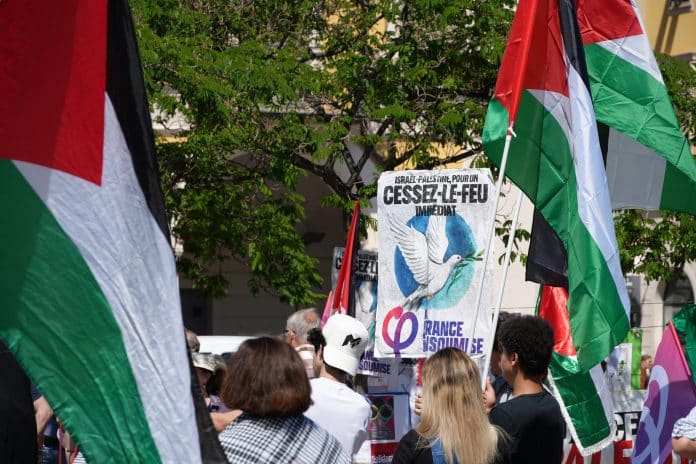 Les drapeaux Palestiniens et une pancarte de la France Insoumise : 