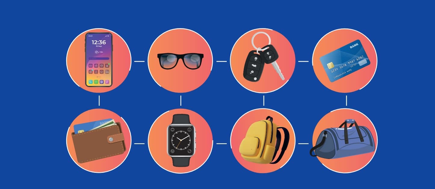Une illustrations avec diverses objets : une sac, des clés, des lunette, une montre, un porte feuilles...