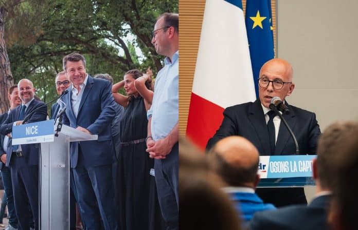 A gauche le maire de Nice et ses fidèles conseillés politique, à droite Eric Ciotti en plein discours