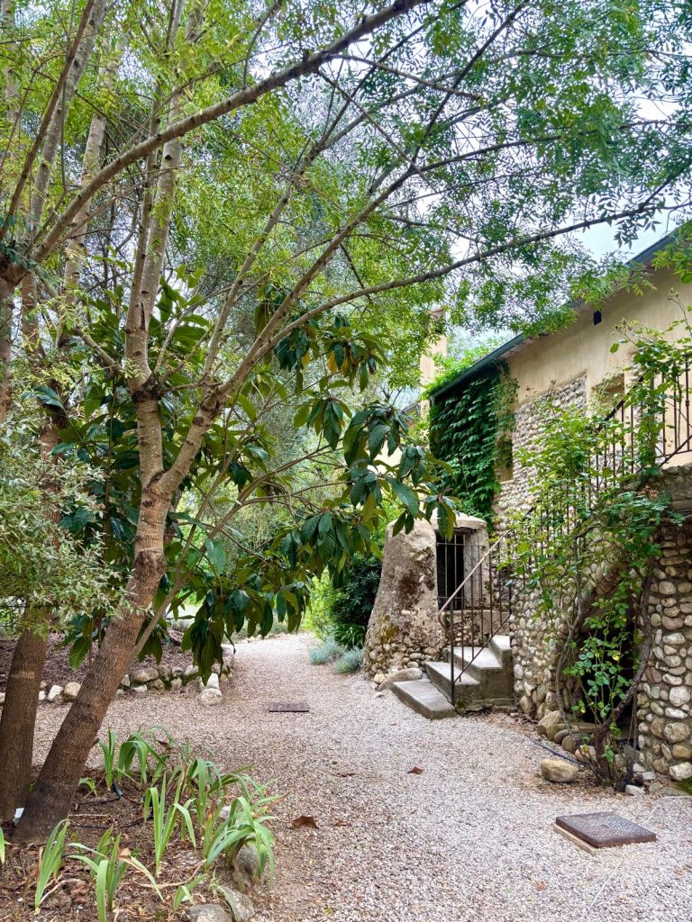 Le restaurant Toile Blanche et ses tables à l'extérieur dans un cadre champêtre très arboré.
