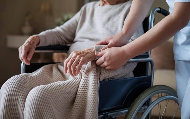 Image d'illustration avec une personne âgée avec une aide à domicile.