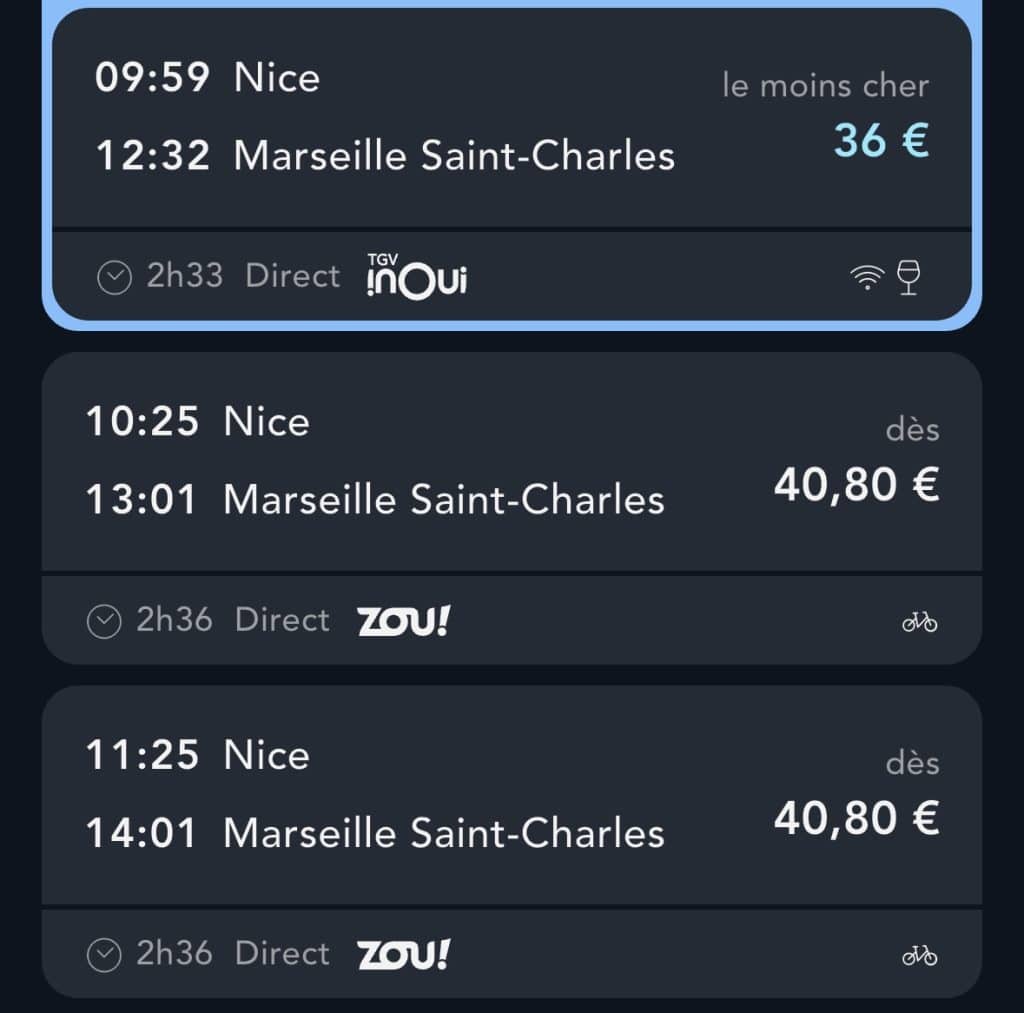 Un screenshot des prix pour faire le trajet Nice-Marseille