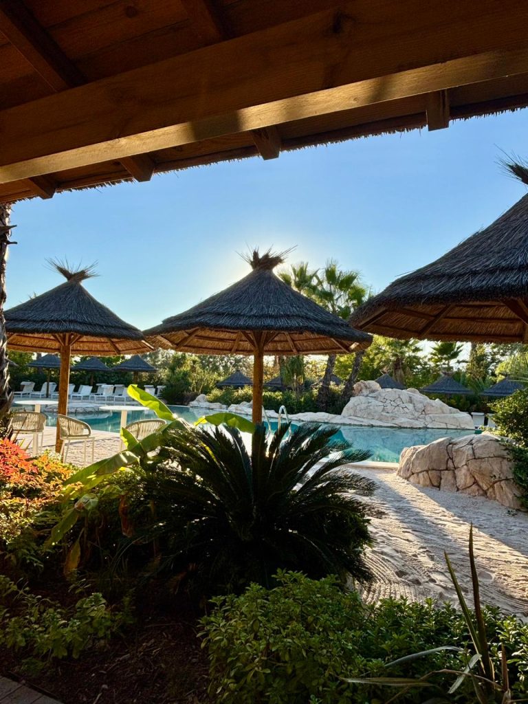La piscine du domaine avec des parasols au bord de l'eau.