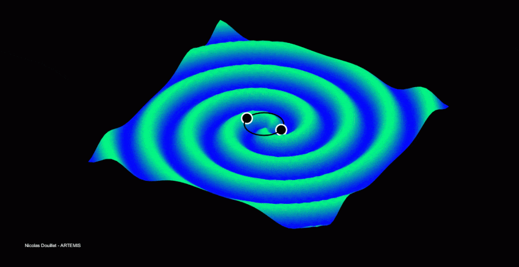 Des ondes gravitationnelles en forme circulaire bleu et verte.