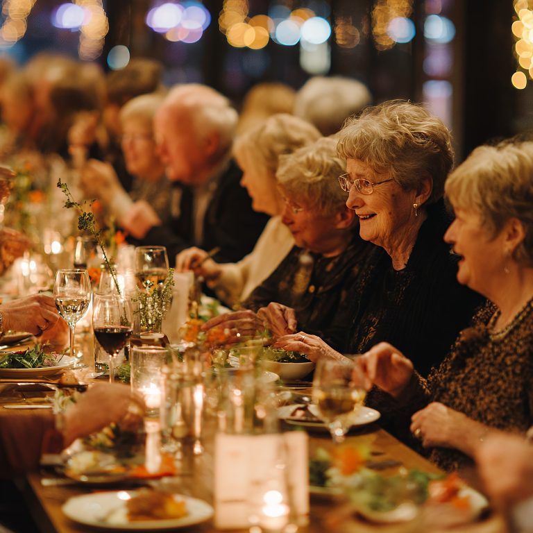 Des personnes âgées autour d'une tables longue, partages un repas avec des bougies sur la table.