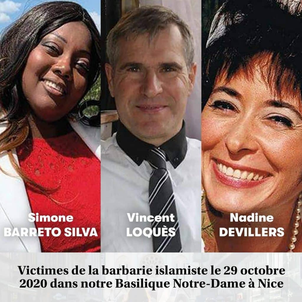 Nadine, Simone et Vincent, les victimes de l'attentat à la basilique de Nice le 29 octobre 2020. 