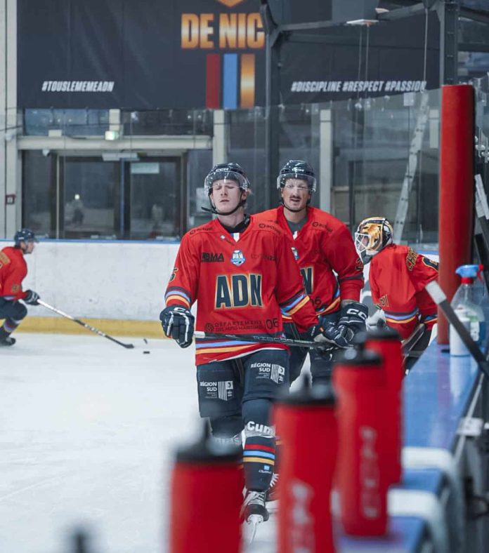 Les joueurs "les aigles de nice" rentre sur la glace pour défier GAP lors du match du 23/11/2025