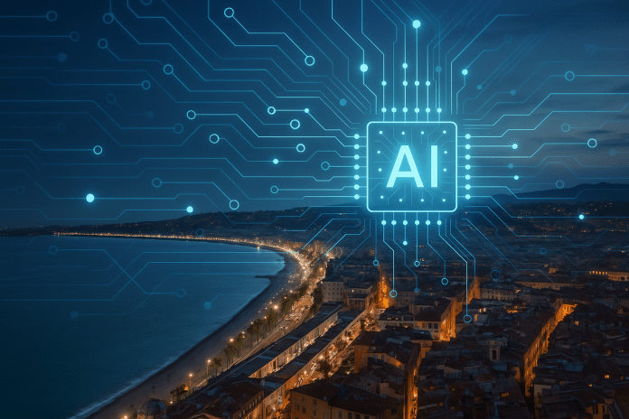 Vue nocturne de Nice avec un circuit numérique et le symbole de l’intelligence artificielle en surimpression.