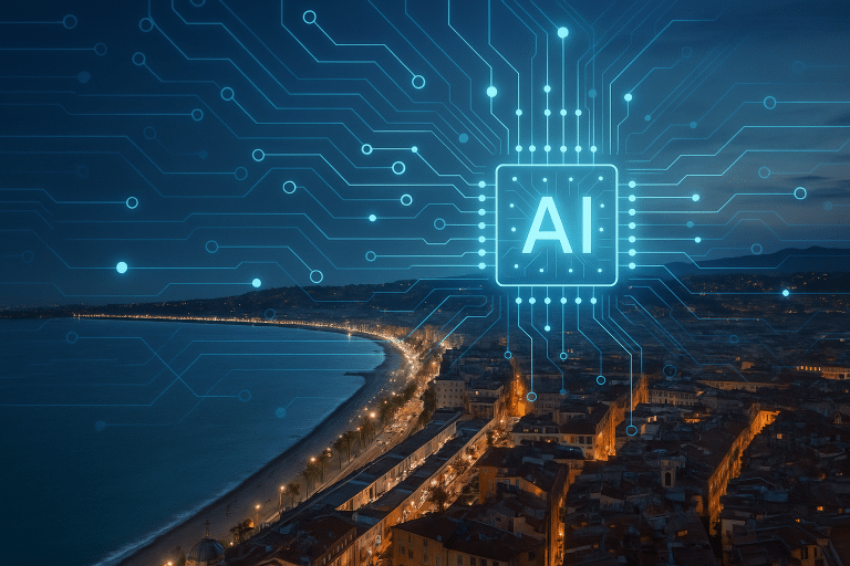 Vue nocturne de Nice avec un circuit numérique et le symbole de l’intelligence artificielle en surimpression.
