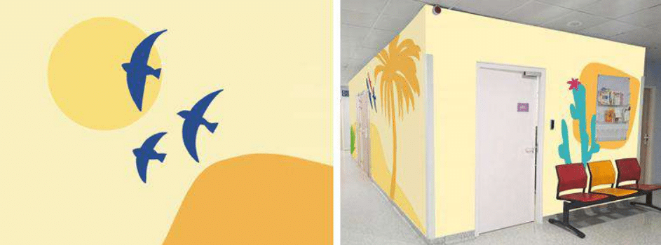 The paintings created in the Lenval hospital in Nice with warm colors, yellow representing the sun, and blue birds, dark yellow cacti, and palm trees.