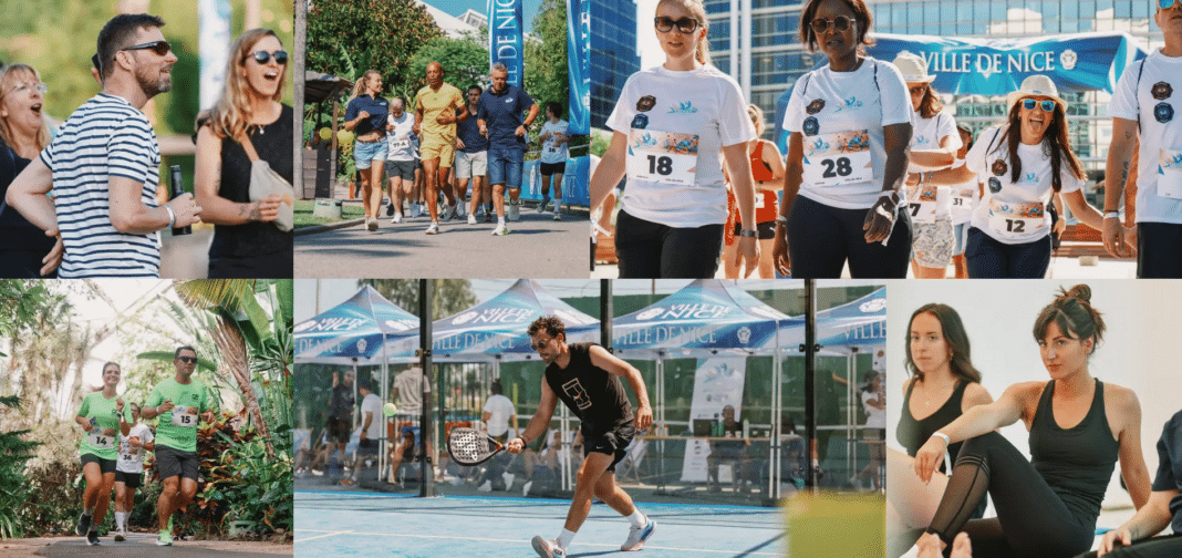 Plusieurs sports représentés dont la course à pied, le padel mais aussi des moments de convivialités avec des groupes de personnes qui boivent des verres de bierre durant le Arenas Nice Challenge.