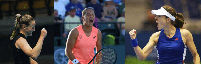 Les Azuréennes Fiona Ferro en noir, Diane Parry en rose et Alizé Cornet en bleu, très démonstratives sur le court serrent le poing.