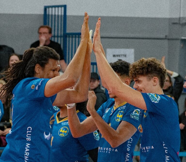 Les joueurs du Nice Volley Ball se tapent dans la main après une victoire en maillot bleu.