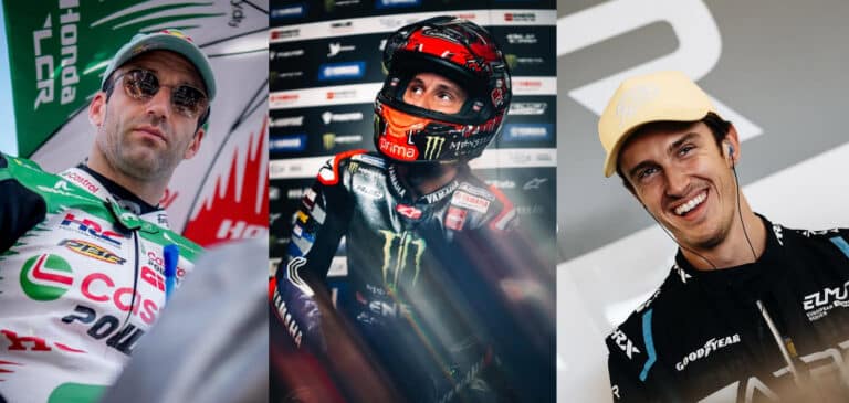 Les trois pilotes Maralpins, Johann Zarco, Fabio Quartararo et Théo Pourchaire dans leur combinaison respective.