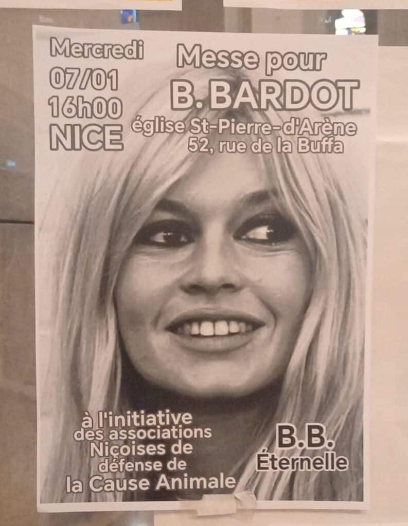 The poster announcing the memorial Mass for Brigitte Bardot, in black and white with BB smiling broadly.