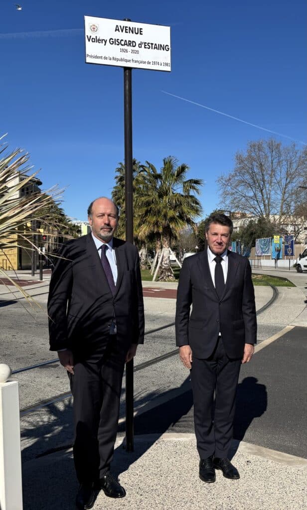 On Wednesday, February 18, 2026, Christian Estrosi, Mayor of Nice, accompanied by Louis Giscard d'Estaing, the son of the Republic's President Valéry Giscard d’Estaing, inaugurated Valéry Giscard d’Estaing Avenue