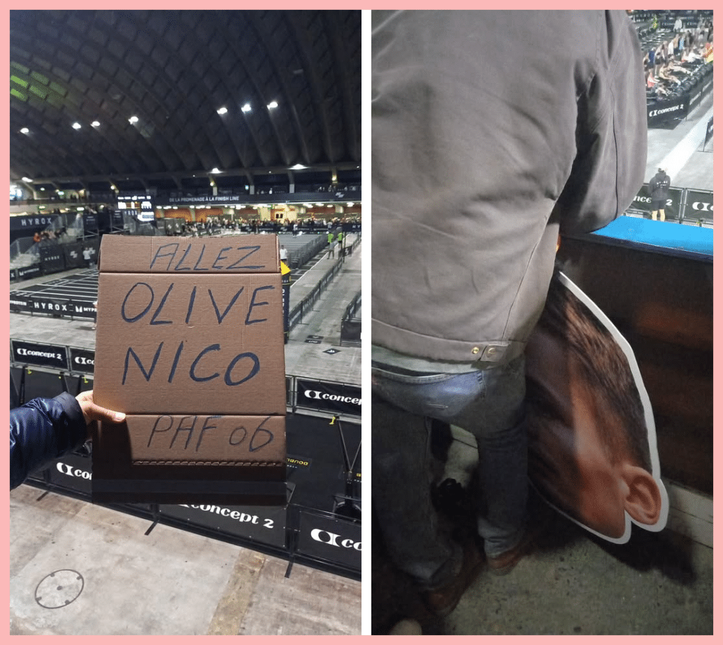 pancarte et tête geante des supporters pour encourager leurs proches