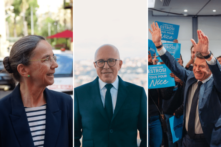 Les trois candidats à gauche Juliette Chesnel-Le Roux, au milieu Eric Ciotti et à gauche Christian Estrosi.