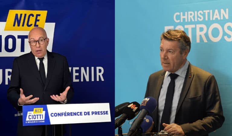 Eric Ciotti et Christian Estrosi en conférence de presse dans leur permanences durant la campagne municipales 2026 à Nice.