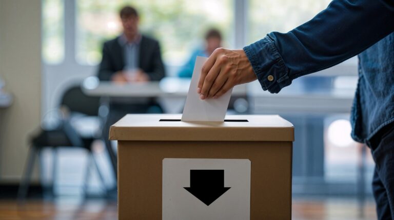 Un bulletin de vote dans une urne en carton.