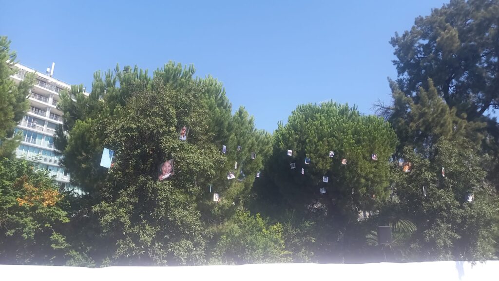 Des portraits de victimes dans les arbres.
