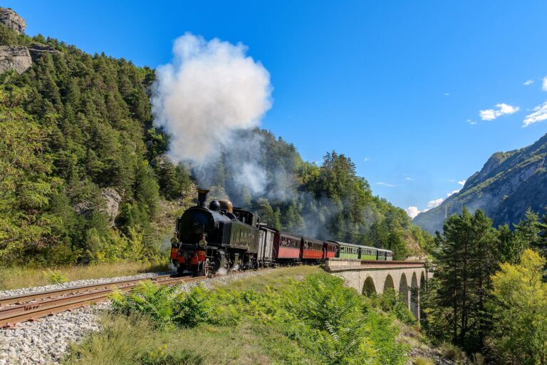 Le Train des Pignes Historique de couleur noir avec des liserés rouge sur le bas avec sa locomotive qui crache de la fumée
